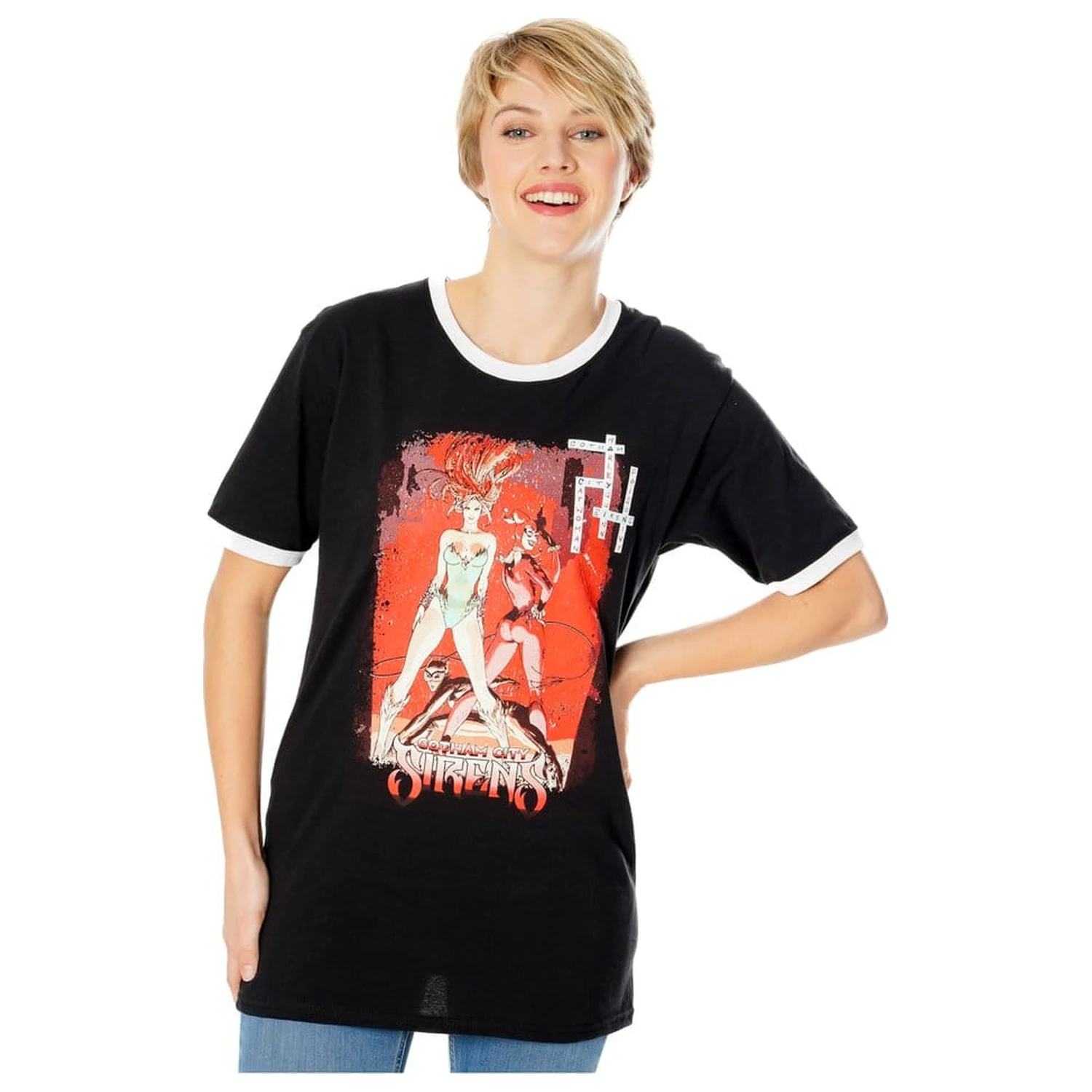 Gotham City Sirens Crossword Black Ringer póló termékfotó