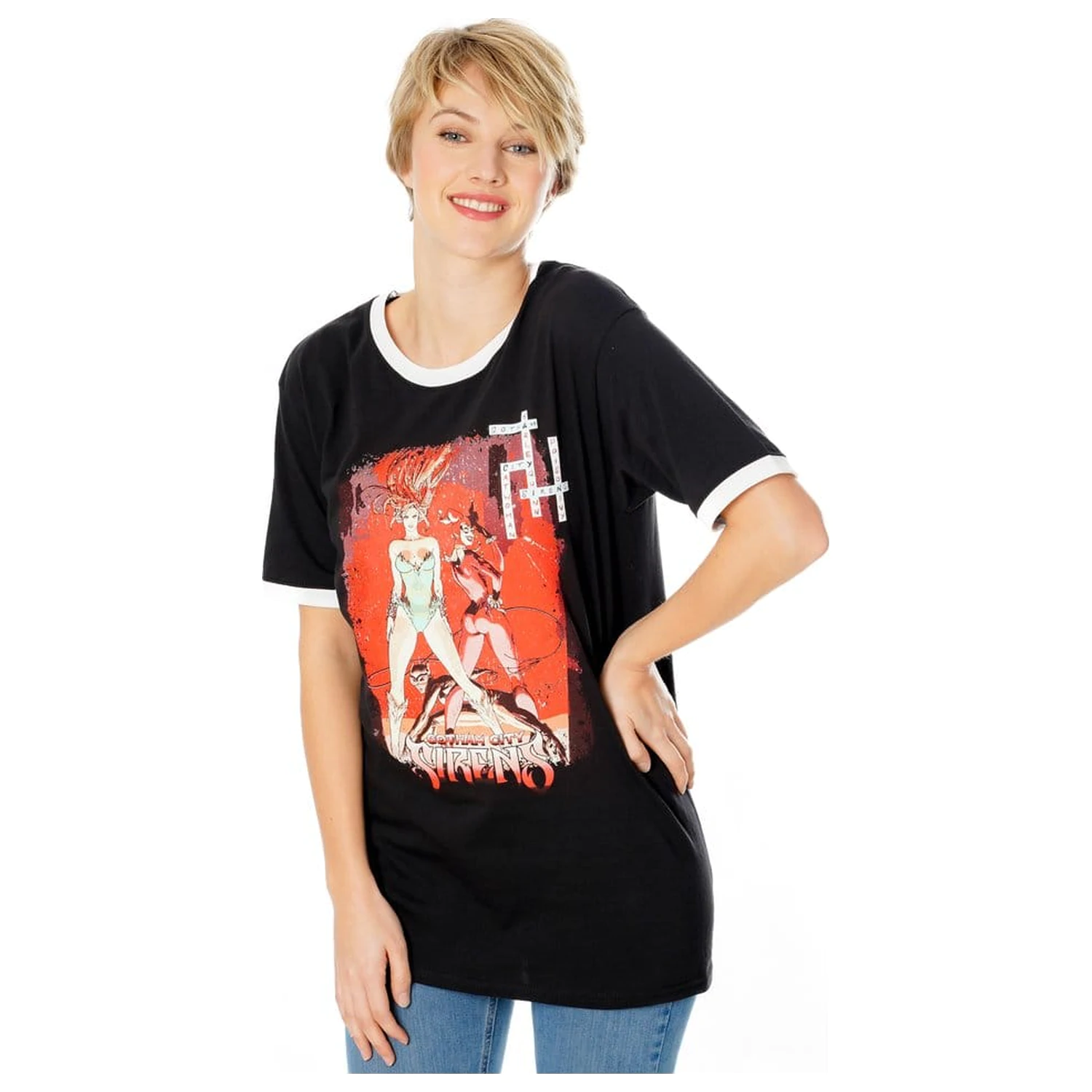 Gotham City Sirens Crossword Black Ringer póló termékfotó