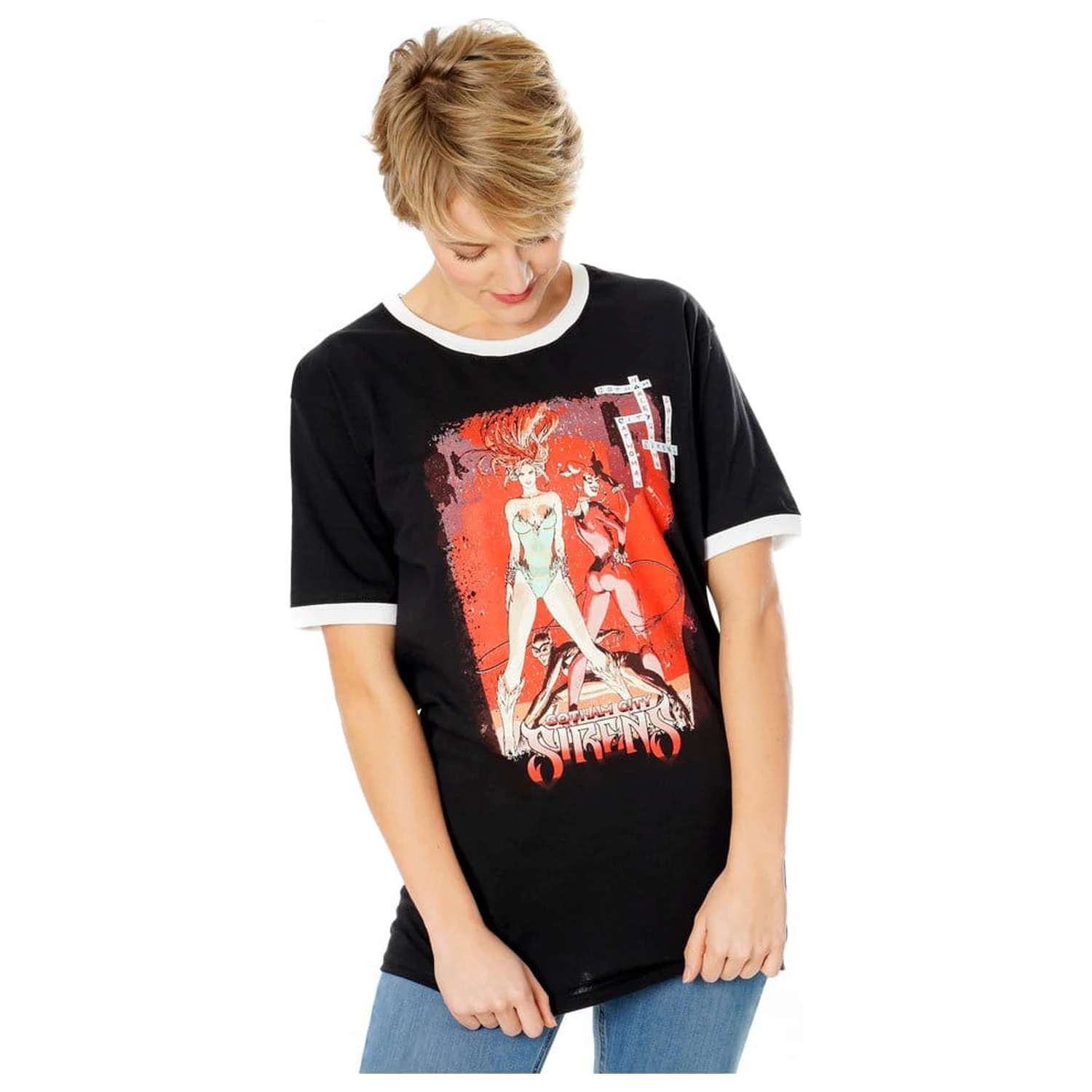Gotham City Sirens Crossword Black Ringer póló termékfotó