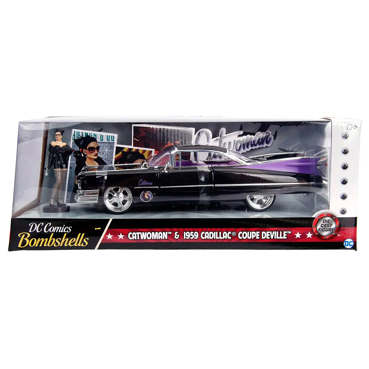DC Comics Catwoman Cadillac Coupe Deville 1959 fém kocsi és figura csomag termékfotó