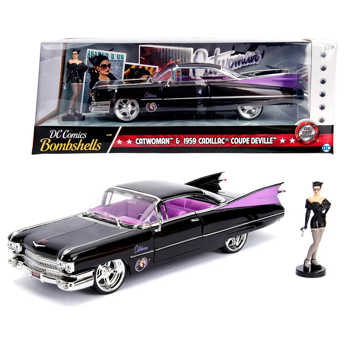 DC Comics Catwoman Cadillac Coupe Deville 1959 fém kocsi és figura csomag termékfotó