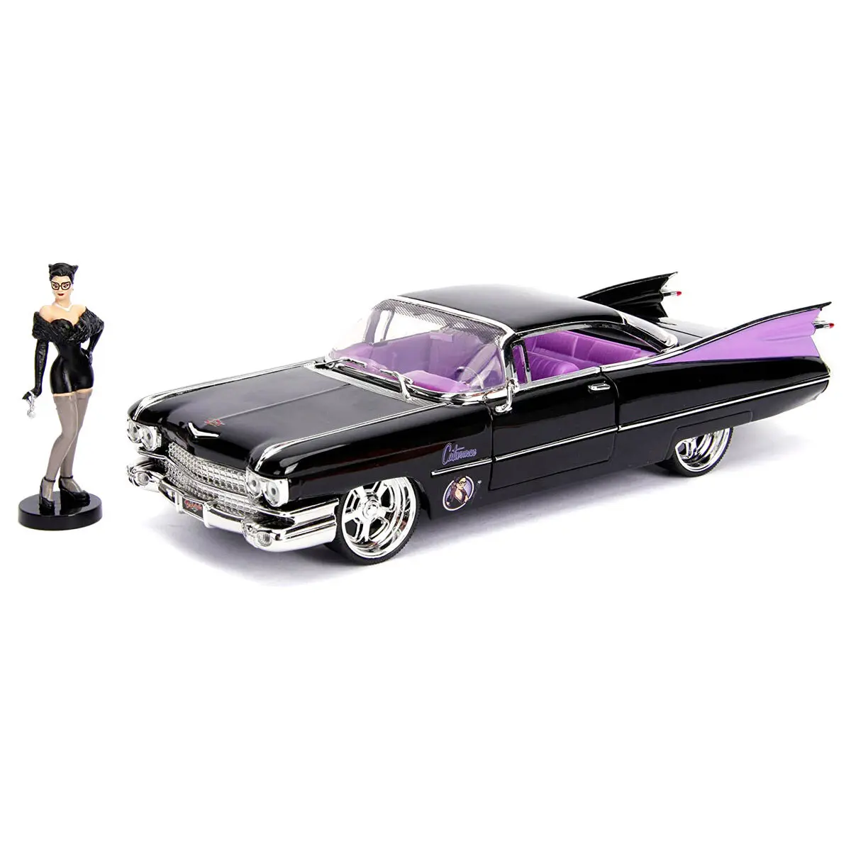 DC Comics Catwoman Cadillac Coupe Deville 1959 fém kocsi és figura csomag termékfotó