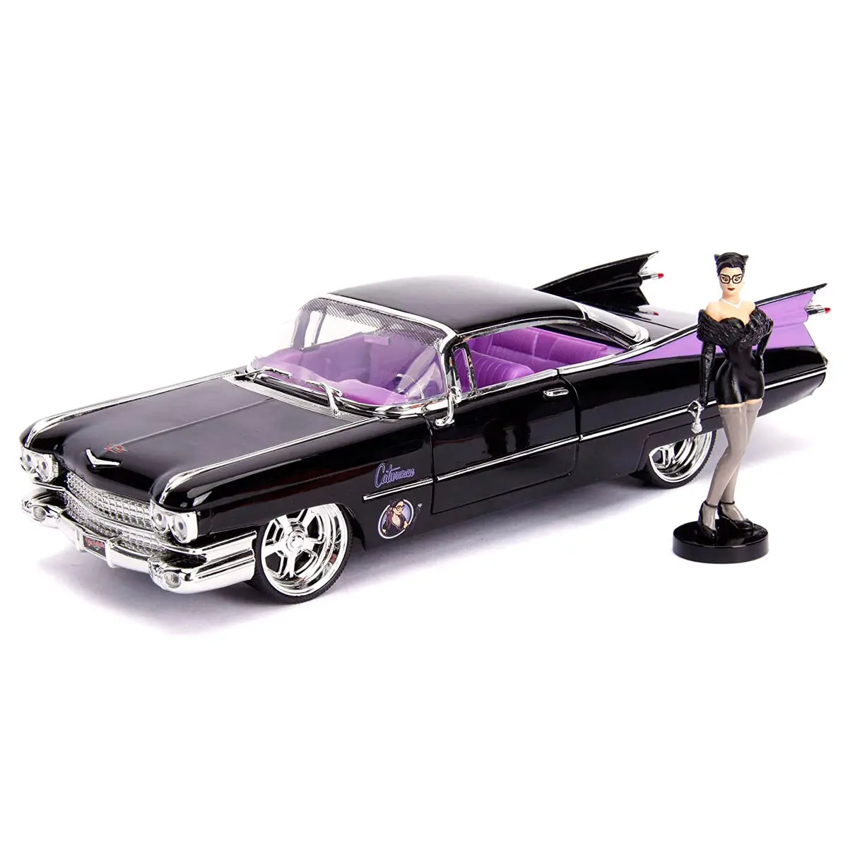 DC Comics Catwoman Cadillac Coupe Deville 1959 fém kocsi és figura csomag termékfotó
