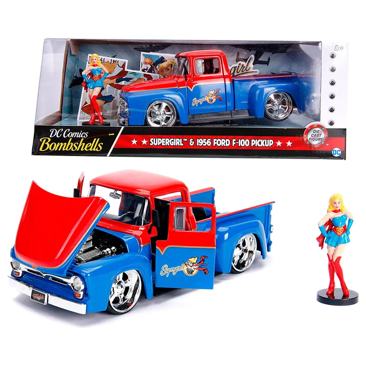 DC Comics Supergirl Ford F-100 Pickup 1956 metál kocsi &amp; figura csomag termékfotó
