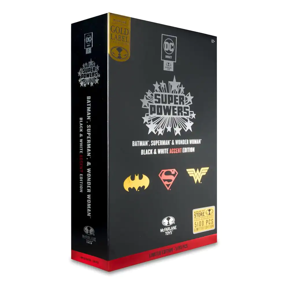 DC Direct Super Powers Batman, Superman & Wonder Woman Black & White Accent Edition Gold Label akciófigura csomag 13 cm termékfotó