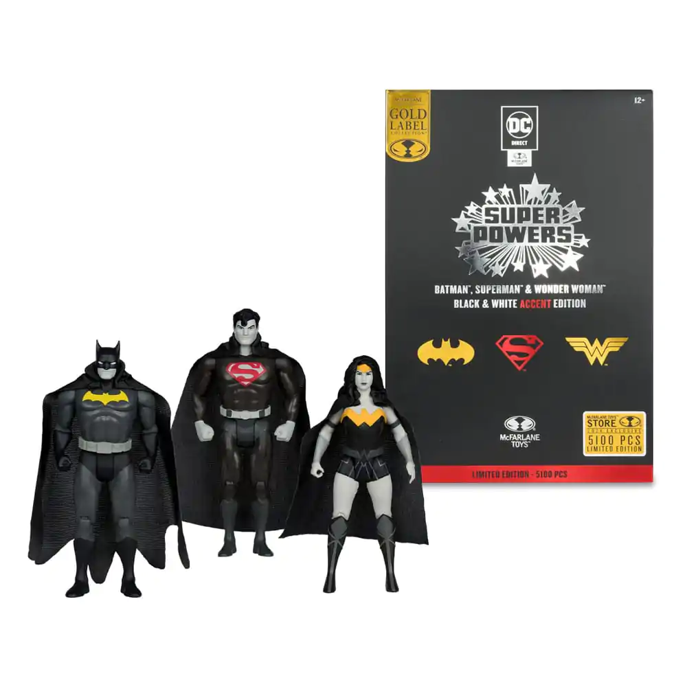 DC Direct Super Powers Batman, Superman & Wonder Woman Black & White Accent Edition Gold Label akciófigura csomag 13 cm termékfotó