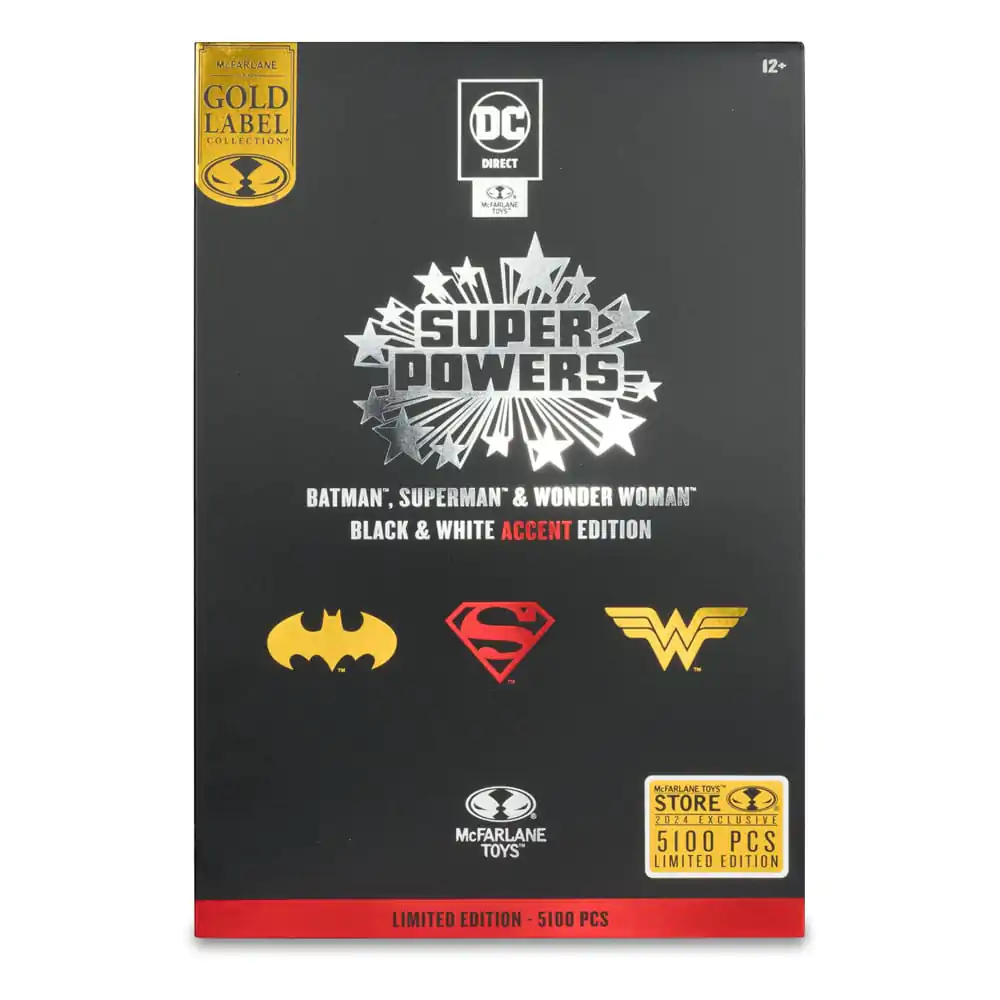 DC Direct Super Powers Batman, Superman & Wonder Woman Black & White Accent Edition Gold Label akciófigura csomag 13 cm termékfotó