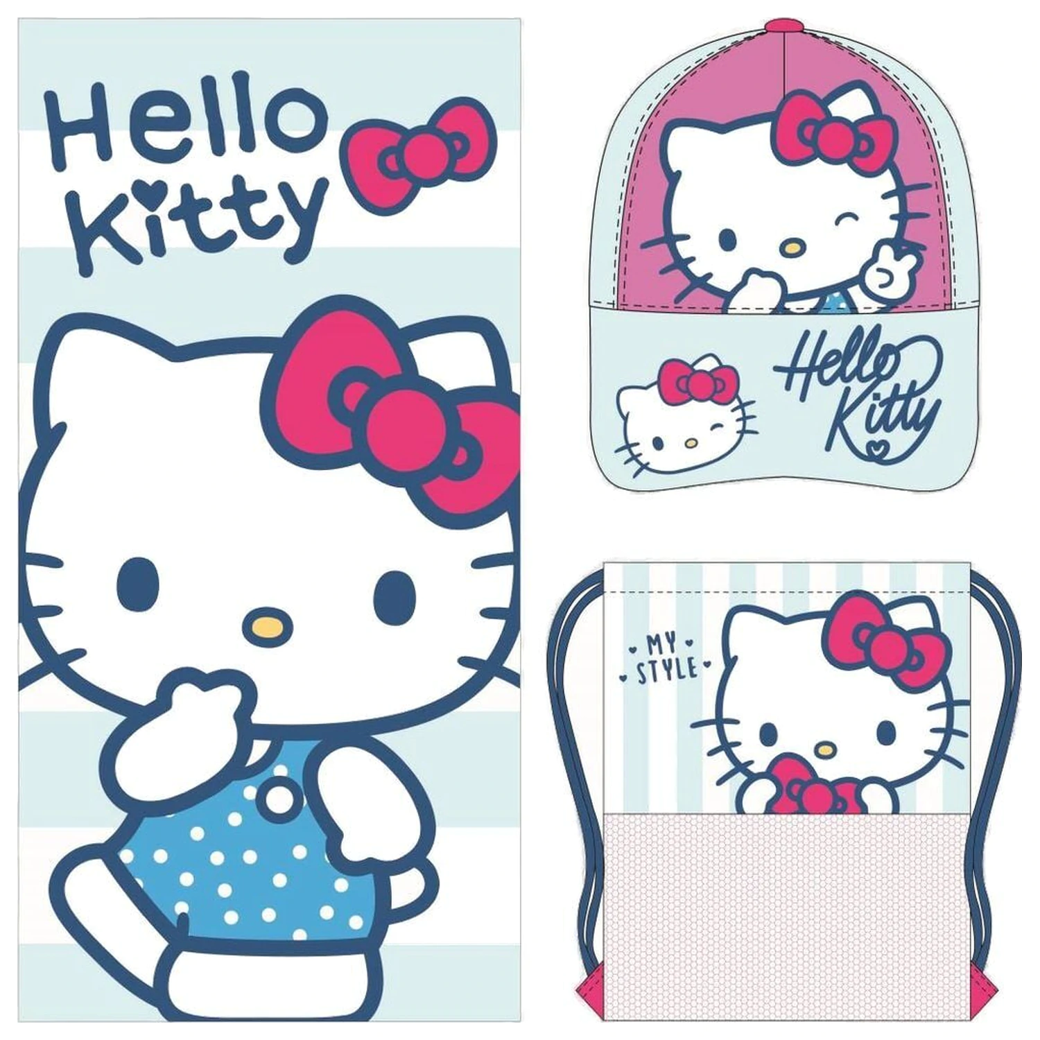 Hello Kitty törölköző, táska és sapka csomag termékfotó