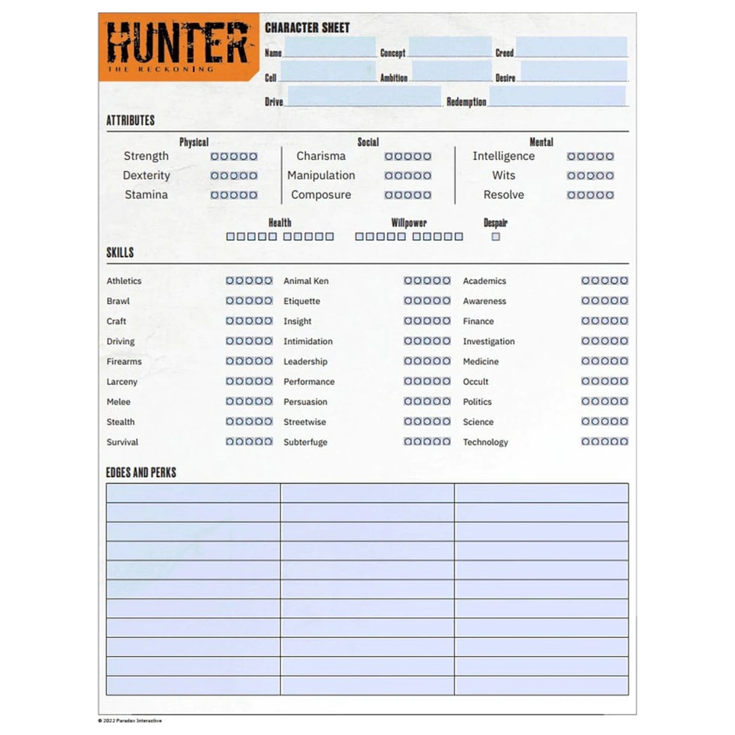 Hunter: The Reckoning 5th Edition RPG Journal Expanded Character Sheet Journal angol nyelvű termékfotó