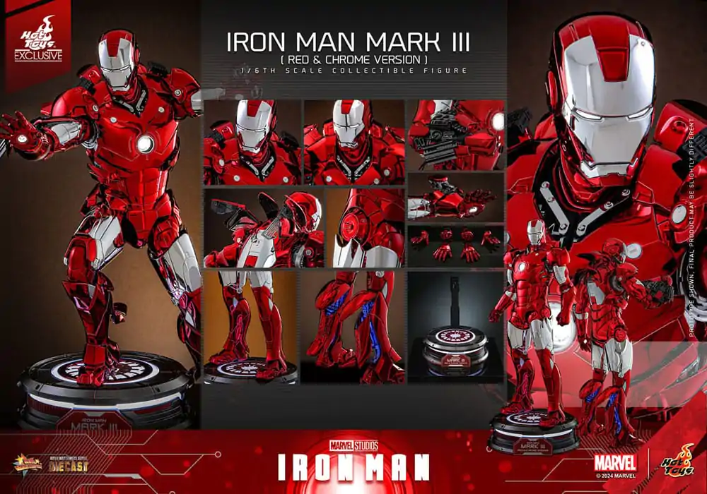 Iron Man Movie Masterpiece Diecast 1/6 Iron Man Mark III (Red &amp; Chrome Version) Hot Toys Exkluzív akciófigura 32 cm termékfotó