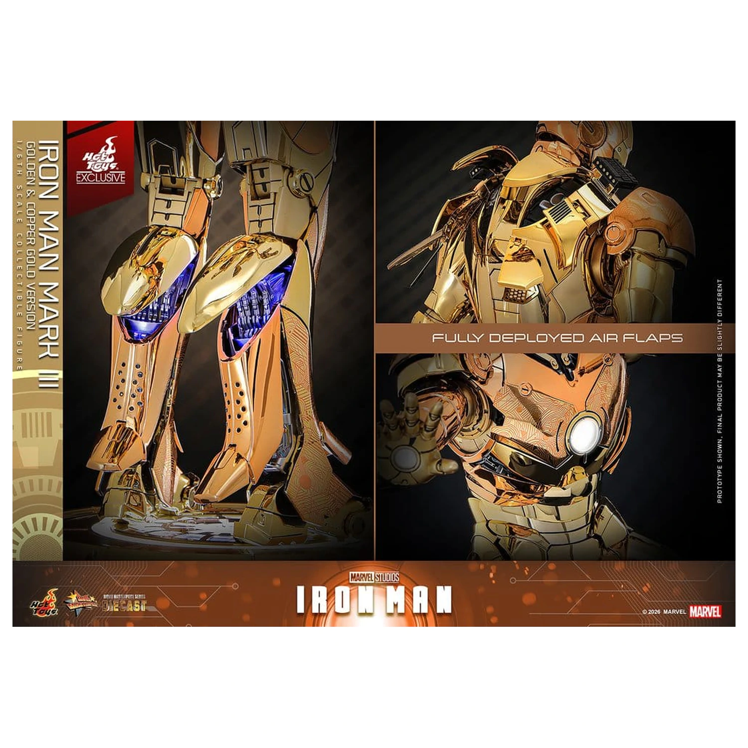 Iron Man Movie Masterpiece Diecast akciófigura 1/6 Iron Man Mark III (Golden & Copper Gold Version) Hot Toys Exkluzív 33 cm termékfotó