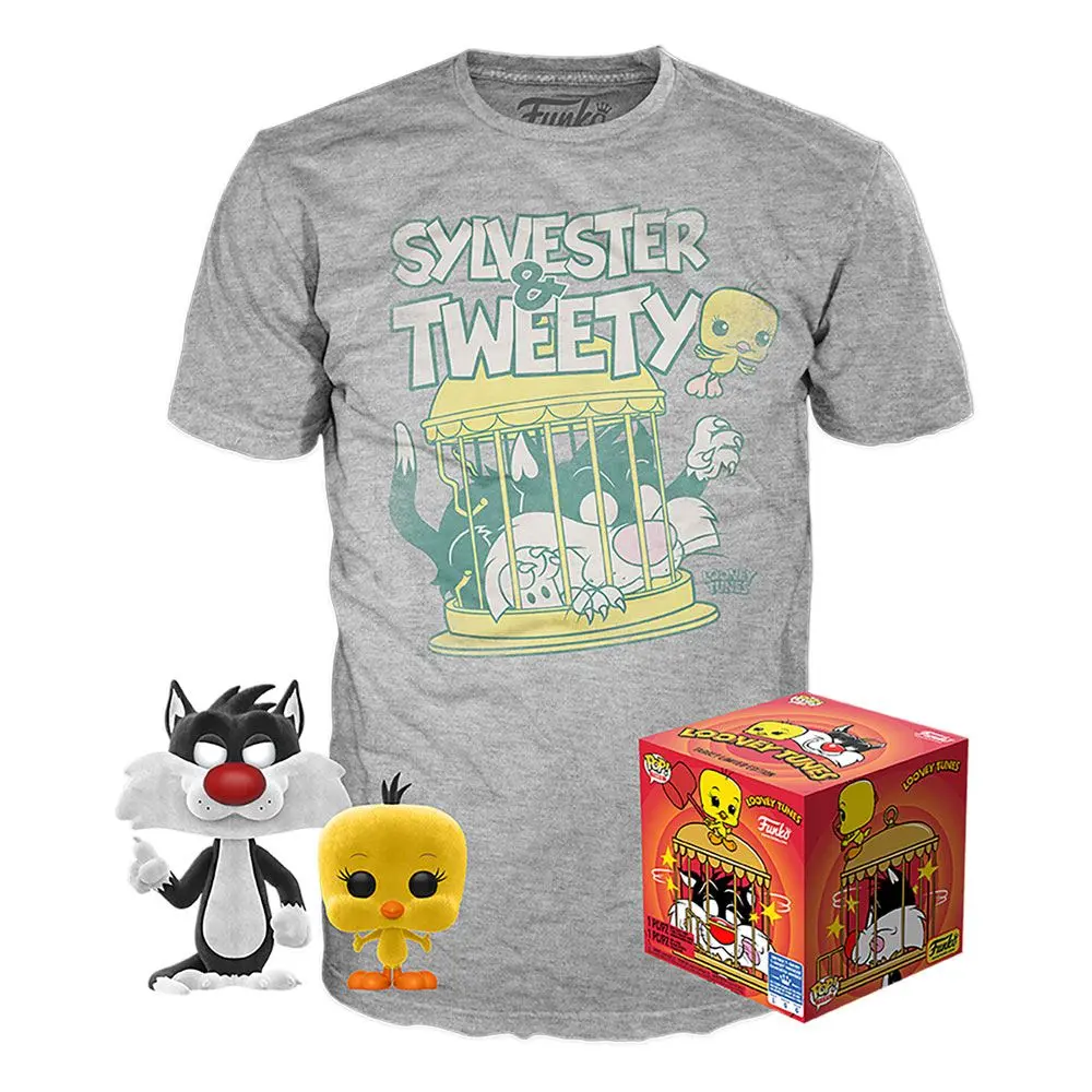 Looney Tunes POP! & Tee Box Sylvester & Tweety Flocked Exclusive figura és póló csomag termékfotó