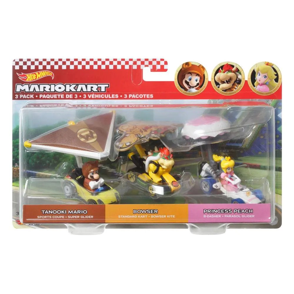 Mario Kart Hot Wheels Diecast  1/64 Tanooki Mario, Bowser, Princess Peach jármű csomag termékfotó