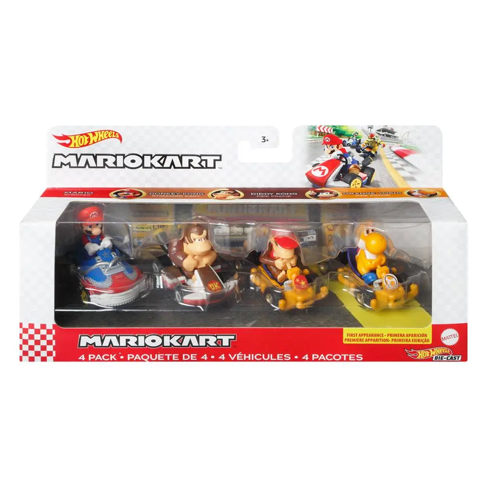Mario Kart Hot Wheels Diecast Vehicle 4-Pack 1/64 Mario, Donkey Kong, Diddy Kong, Orange Yoshi jármű csomag termékfotó