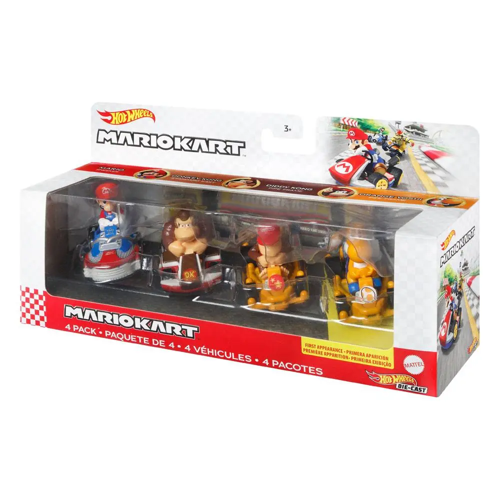 Mario Kart Hot Wheels Diecast Vehicle 4-Pack 1/64 Mario, Donkey Kong, Diddy Kong, Orange Yoshi jármű csomag termékfotó