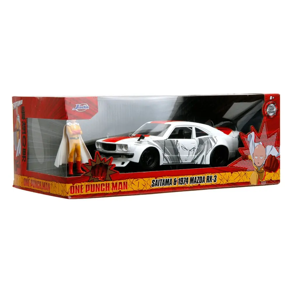 One Punch Man Hollywood Rides Diecast Model 1/24 1974 Mazda RX-3 és One Punch Man figura termékfotó