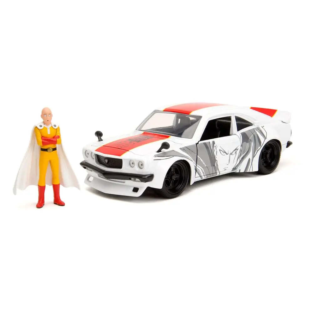 One Punch Man Hollywood Rides Diecast Model 1/24 1974 Mazda RX-3 és One Punch Man figura termékfotó