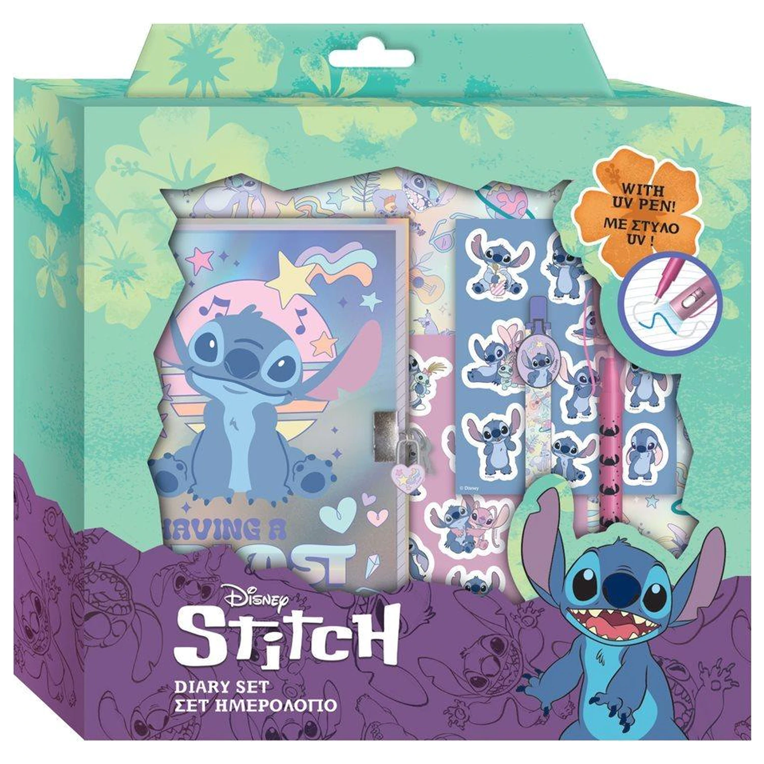 Stitch keményfedeles füzet zárral, matrica és toll csomag termékfotó