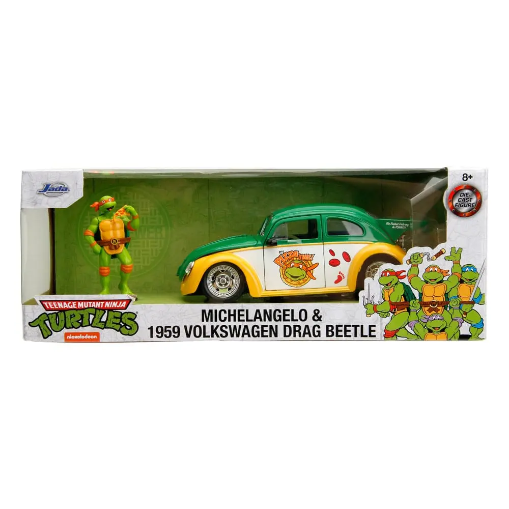 Teenage Mutant Ninja Turtles Hollywood Rides Diecast Model 1/24 VW Drag Beetle ésMichelangelo figura termékfotó