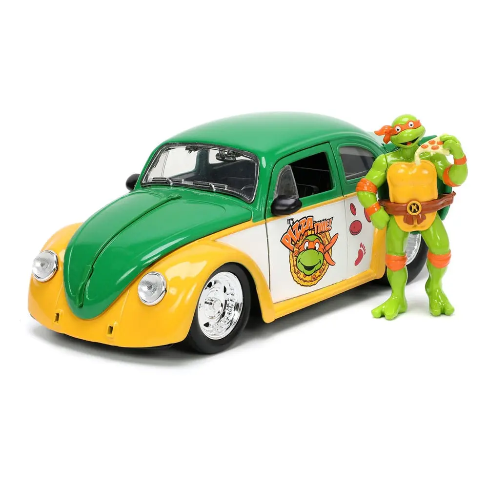 Teenage Mutant Ninja Turtles Hollywood Rides Diecast Model 1/24 VW Drag Beetle ésMichelangelo figura termékfotó
