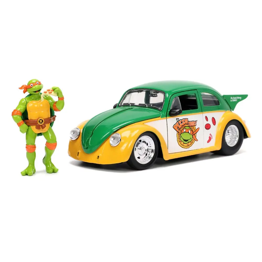 Teenage Mutant Ninja Turtles Hollywood Rides Diecast Model 1/24 VW Drag Beetle ésMichelangelo figura termékfotó