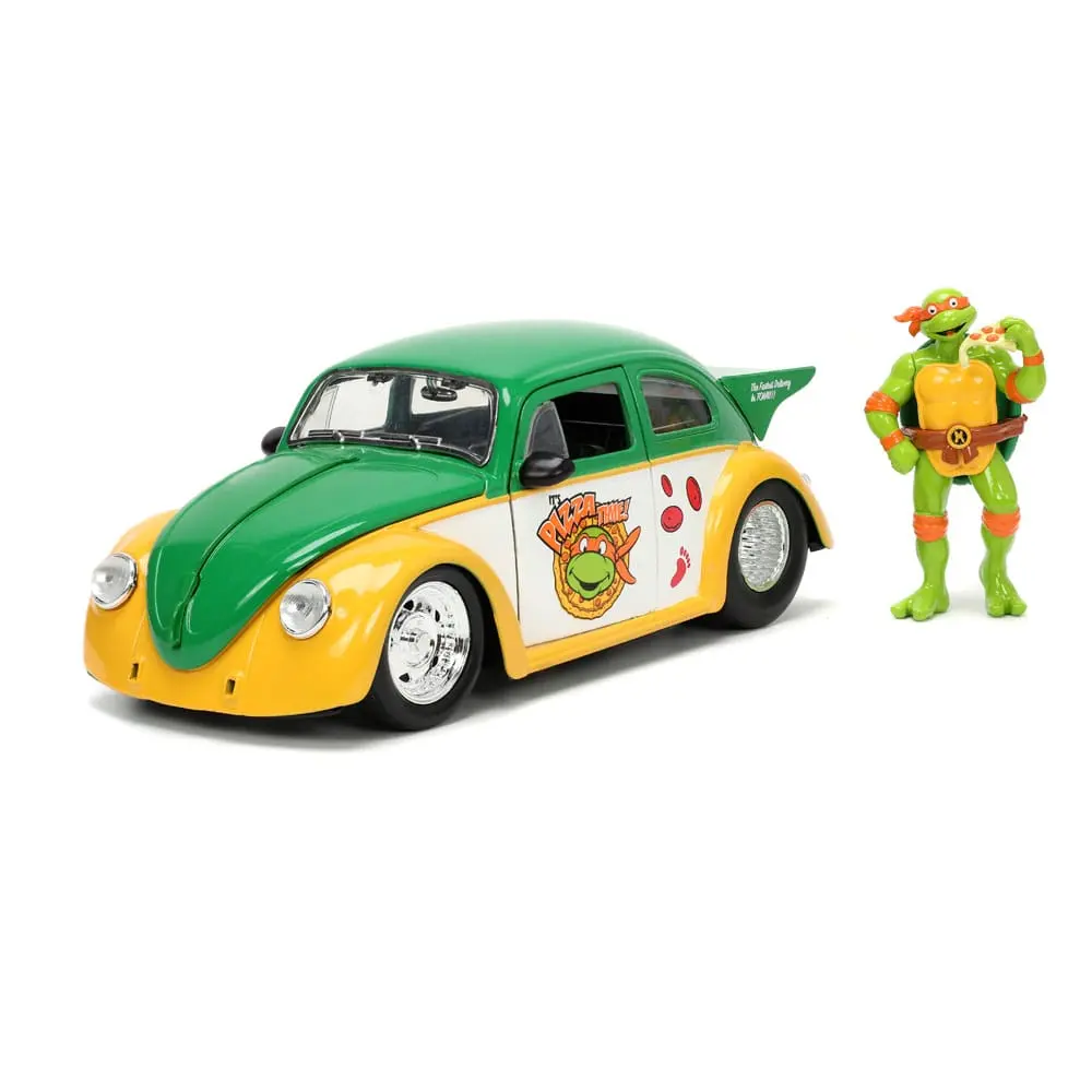 Teenage Mutant Ninja Turtles Hollywood Rides Diecast Model 1/24 VW Drag Beetle ésMichelangelo figura termékfotó