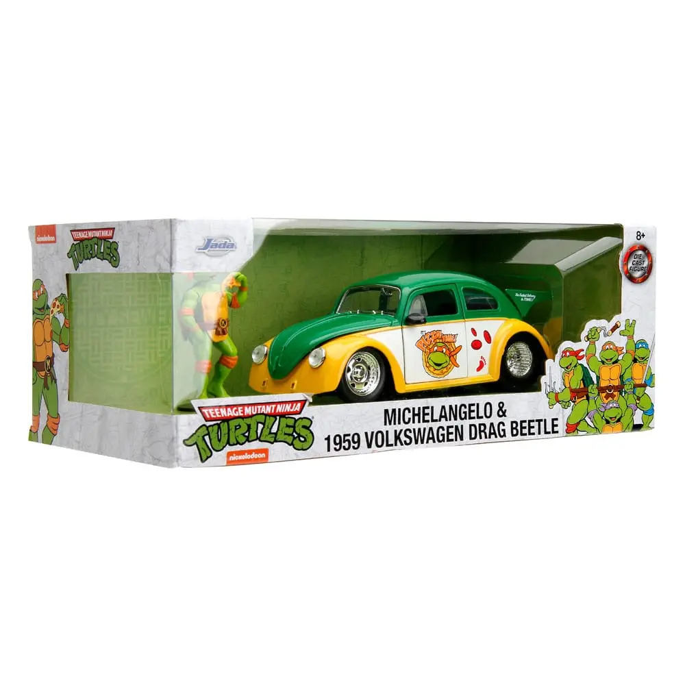 Teenage Mutant Ninja Turtles Hollywood Rides Diecast Model 1/24 VW Drag Beetle ésMichelangelo figura termékfotó