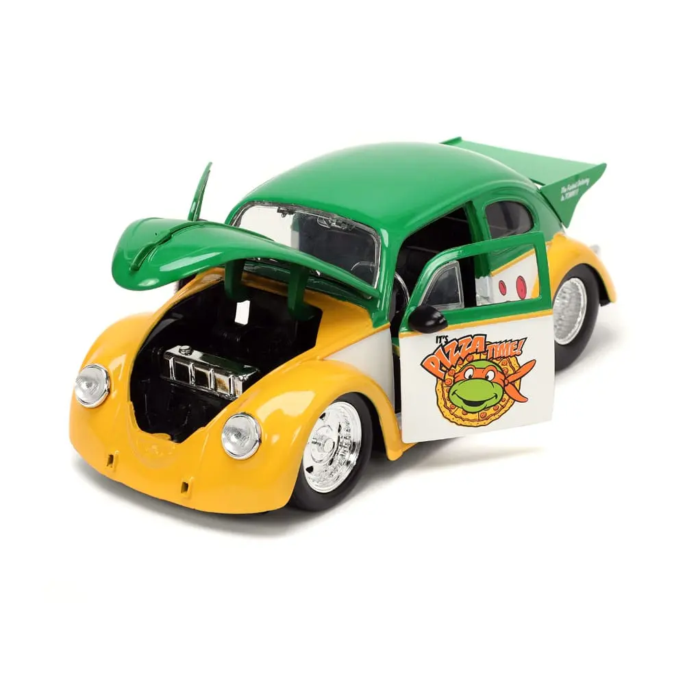 Teenage Mutant Ninja Turtles Hollywood Rides Diecast Model 1/24 VW Drag Beetle ésMichelangelo figura termékfotó