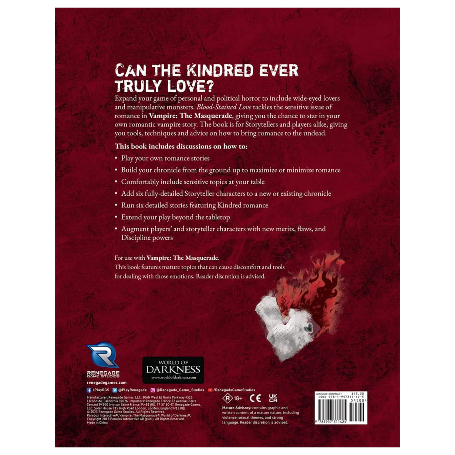 Vampire: The Masquerade 5th Edition RPG book Blood-Stained Love Sourcebook angol nyelvű termékfotó